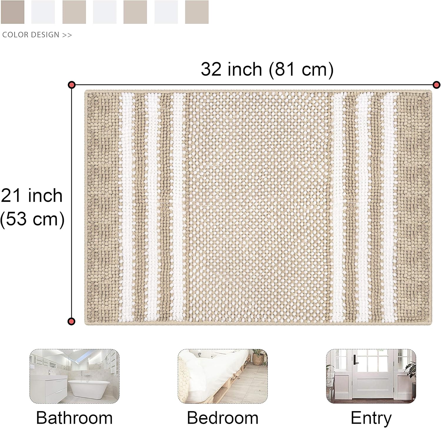 Bsicpro Chenille Bath Rug for Bathroom Shaggy Mat Shower Mats 32 x 21inch Super Non Slip Water Absorbent Carpet Stripe Pattern Plush Rugs for Tub, Shower, Bath Room (Khaki): Kitchen & Dining