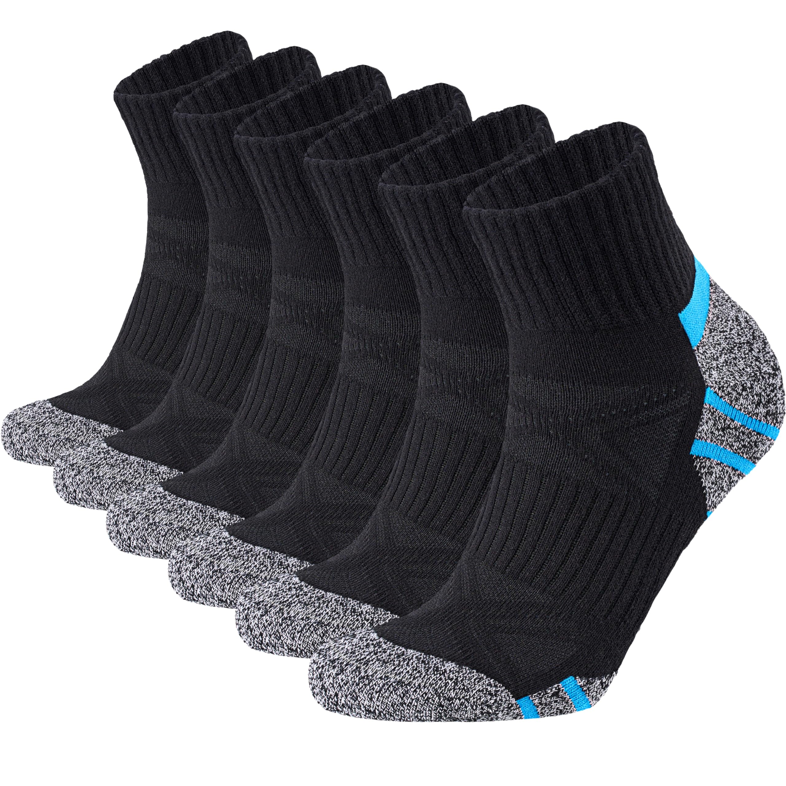 Stoeury Sneaker Socken Herren, Quarter Socken mit Frotteesohle, Atmungsaktive Sportsocken aus Baumwolle mit Nahtlose Zehen, Tennissocken für Laufen Wandern, 6 Paar, Schwarz, 43-46