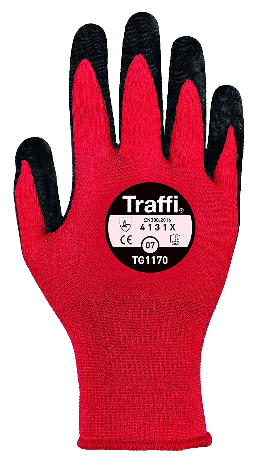 Traffi-TG1170 Work Gloves, Non Slip Latex Coated Palm Grip Perfect for Utility Mechanics, Warehouse