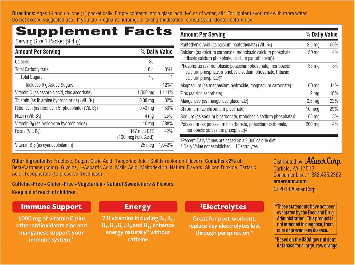 Emergen-C (30 Count, Tangerine Flavor, 1 Month Supply) Dietary Supplement Fizzy Drink Mix with 1000mg Vitamin C, 0.33 Ounce Powder Packets, Caffeine Free