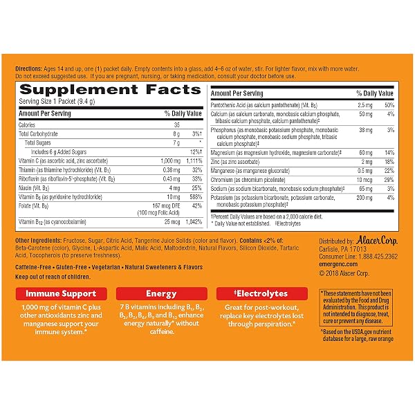 EMERGEN-C 1000MG VITAMIN C IMMUNE SUPPORT POWDER TANGERINE 30CT INCLUDES ZINC, MANGANESE, 7 B VITAMINS AND ELECTROLYTES FOR BACK TO SCHOOL ESSENTIALS