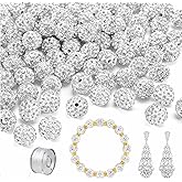 150pcs 10mm Rhinestone Beads for Jewelry Making,Full of Diamonds Round Disco Bead Bulk,Clay Bead for Crafting,Rhinestone Clay Beads for DIY Baseball Necklace Bracelet (White, 10mm/100pcs)