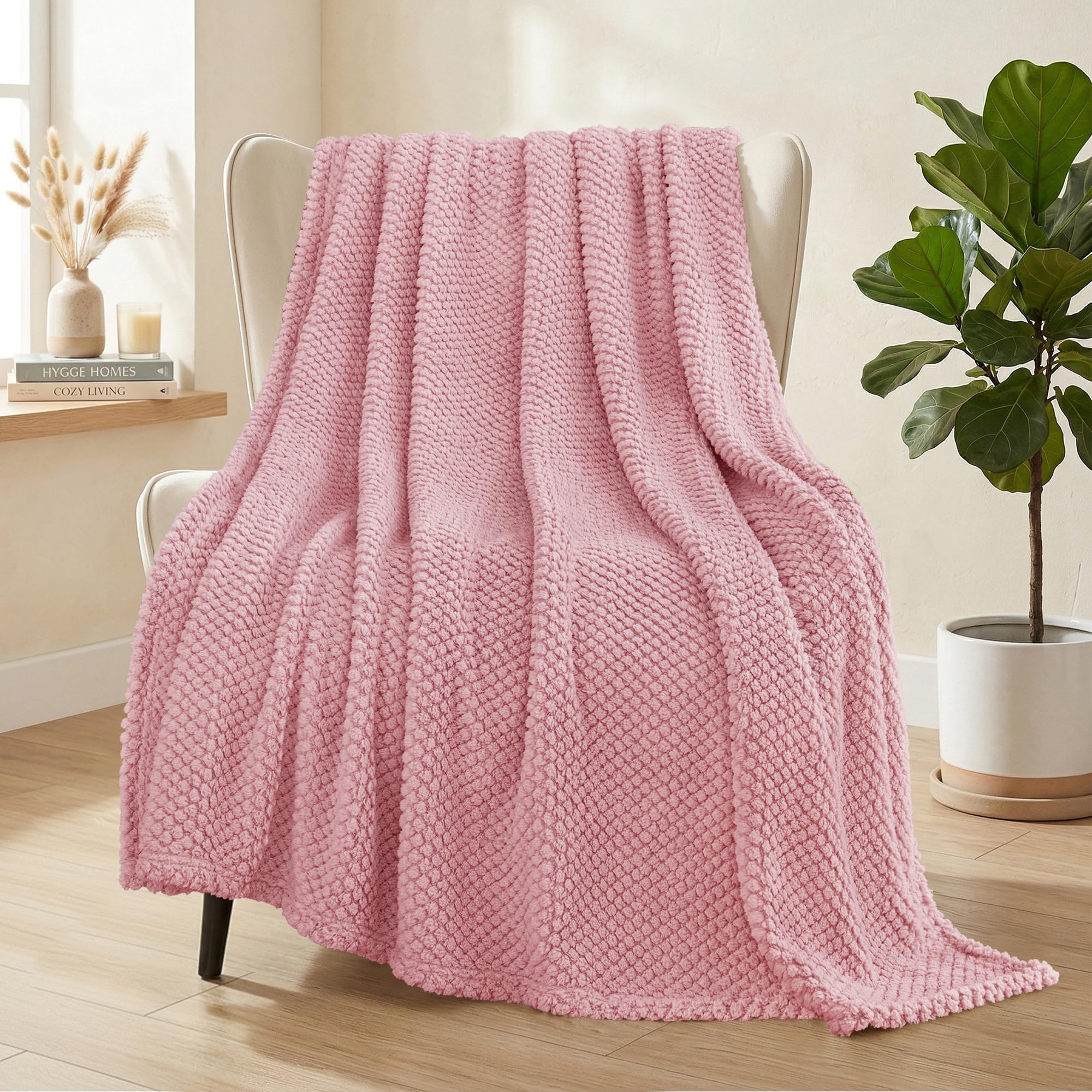 Whale Flotilla Large Fuzzy Fleece Throw Blanket for Sofa, 130x180 CM Fluffy Warm Soft Jacquard Blankets for All Season, Lightweight and Cozy, Pink