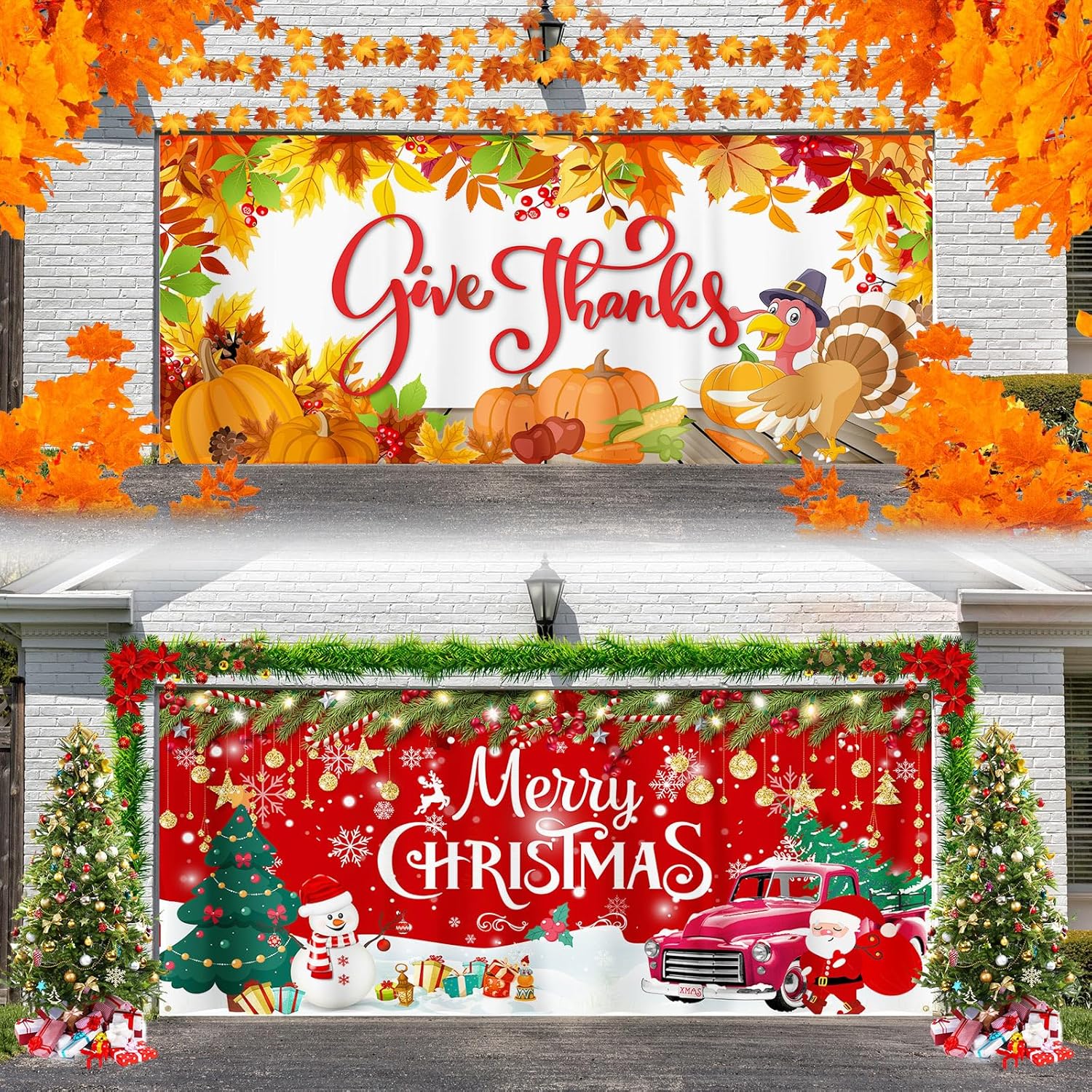 Garage Door Decorations - Preboun 2 Piece Christmas Thanksgiving Garage Door Banner Decorations Give Thanks Merry Christmas Garage Door Banner Cover Thanksgiving Christmas Decoration for Indoor Outdoor Home Decorations 6 x13Ft