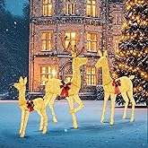 DUMOS 3-Piece Large Lighted Christmas Deer Family Set with 360 Bright LED Warm Lights Standing Reindeer, Lawn Decor, Indoor Outdoor Front Yard Holiday Decoration, Stakes, Zip Ties, Gold