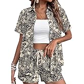 Rapbin Women's 2 Piece Summer Outfits Button Down Short Sleeve Shirt Set, Suitable for Office, Travel & Shopping Black