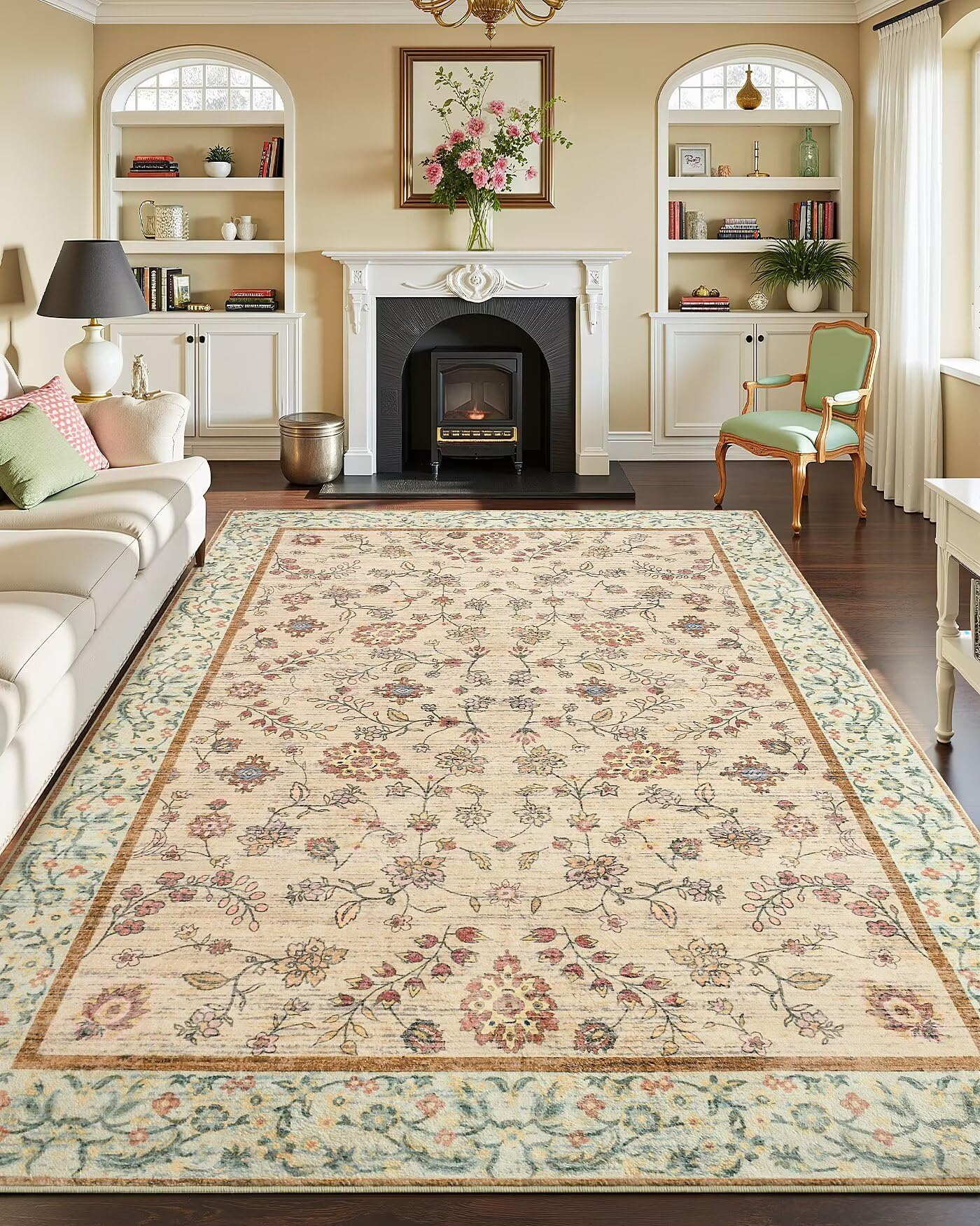 Flagover 8x10 Large Area Rugs for Living Room, Boho Washable Bedroom Rug, Vintage Floral Non Slip Rugs, Soft Low Pile Carpet for Kitchen Dining Room Office Farmhouse, Beige/Green Image