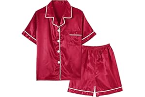 Vopmocld Big Kids Unisex Pjs Set Girls Boys Silk Pajama Sets Satin Clasic Sleepwear Summer 2 Pieces Button Down Nighty