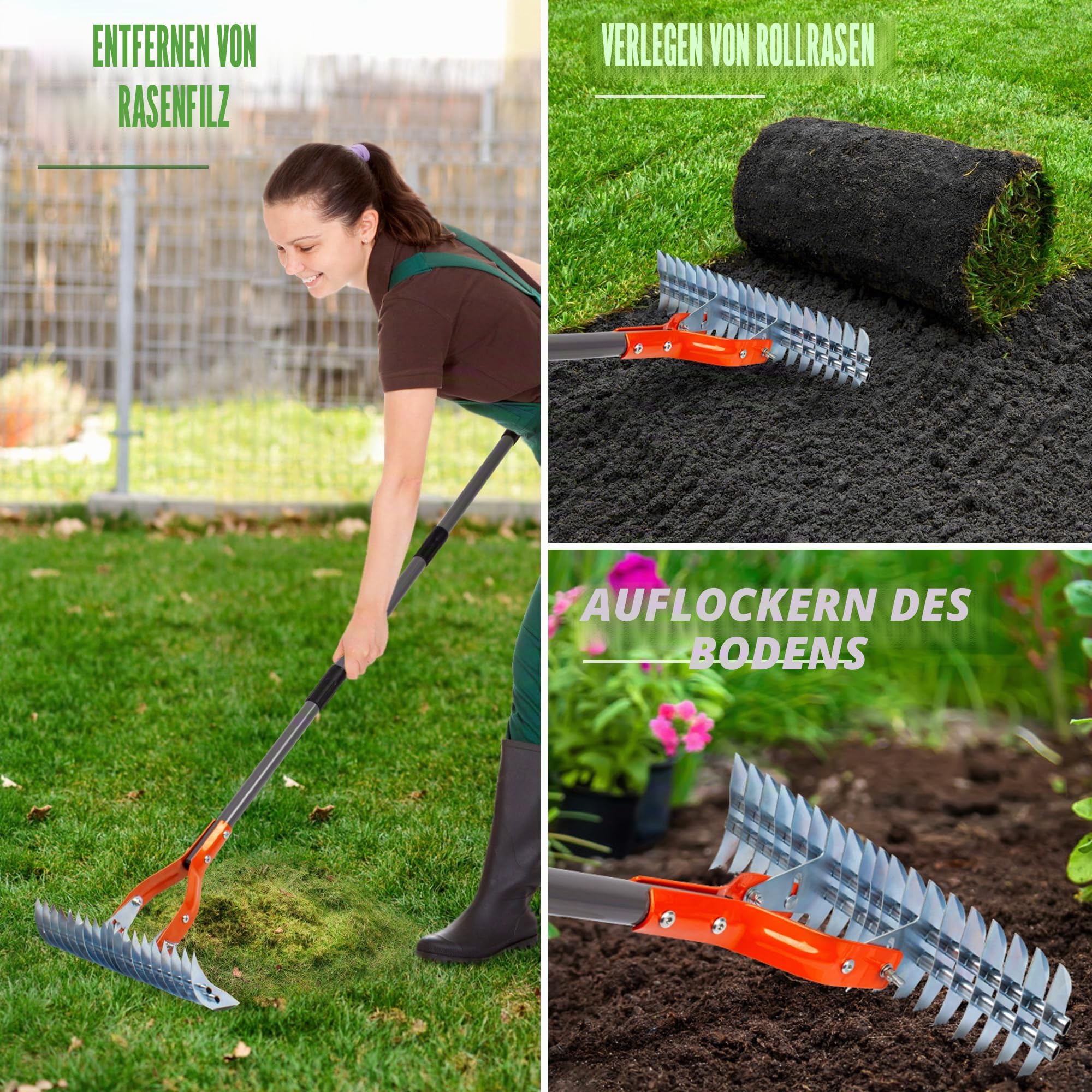 Walensee Vertikutierrechen mit Verstellbarem Stiel, Robuster Rasenrechen aus Stahl zum Entfernen von Moos, Filz, Unkraut & Trockengras, Gartenrechen für Rasenpflege & Lawn Care 6