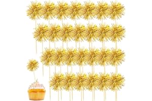 BOYIVI 100 Pcs Firework Cupcake Topper Graduation Cake Decorations Foil Frill Toothpicks Sparkle Tinsel Cocktail Picks for Party Decoration, Christmas, Picnics, Bar, Birthday, Holiday (Gold)