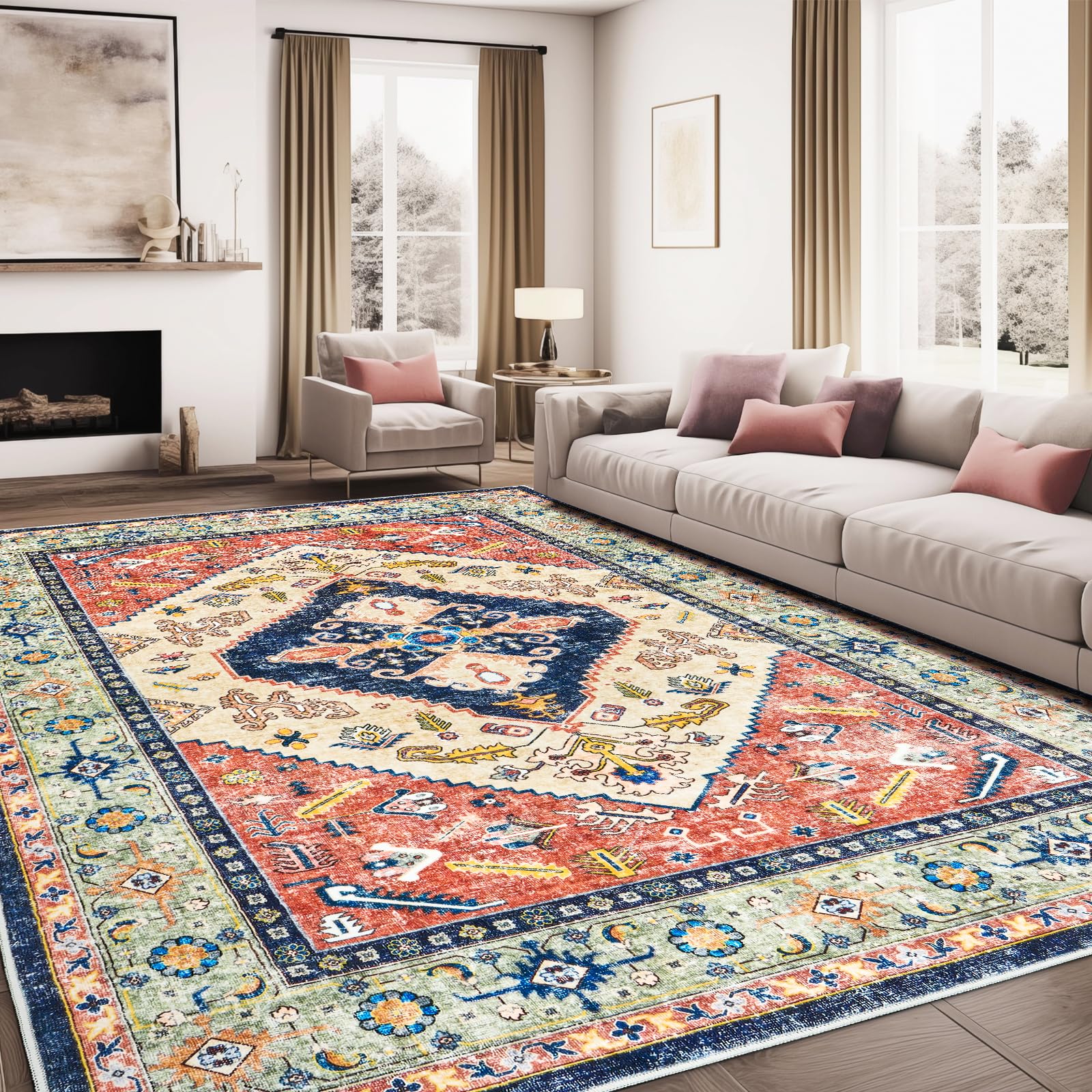 Roxstand Washable Rugs 6x9 Area Rugs for Living Room, Ultra-Thin Rug with Anti-Slip Backing, Vintage Soft Large Area Rug for Dining Room, Nursery Room, Office, Bedroom (Red/Navy/Green,6'x9')