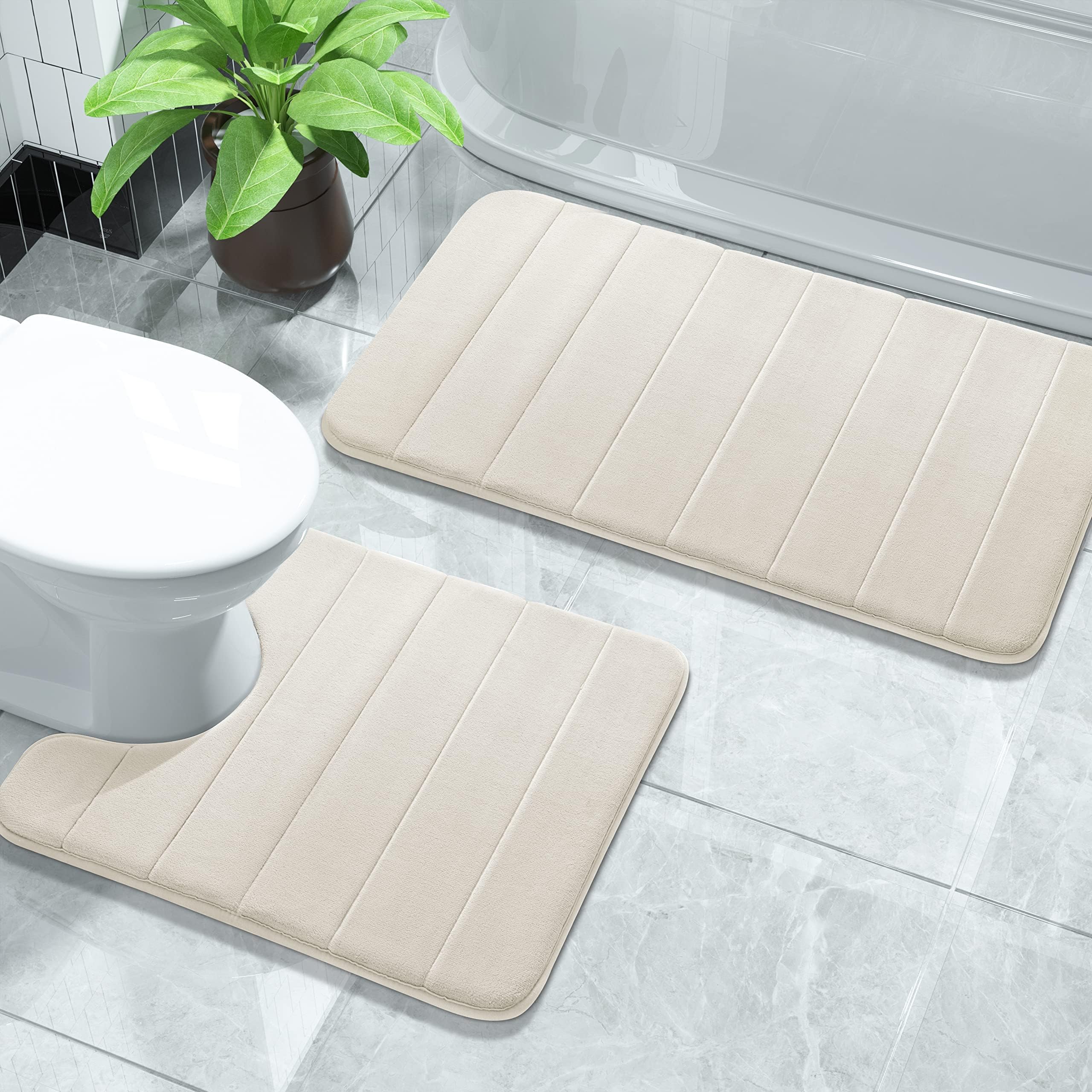 Yimobra Memory Foam Bath Mat Set, 2 Piece Soft Bathroom Rug,81x51 cm and 61x52 cm U-Shaped, Toilet Mat, Water Absorption, Non Slip, Thick, Dry Fast for Bathroom Floor Mat, Cream White