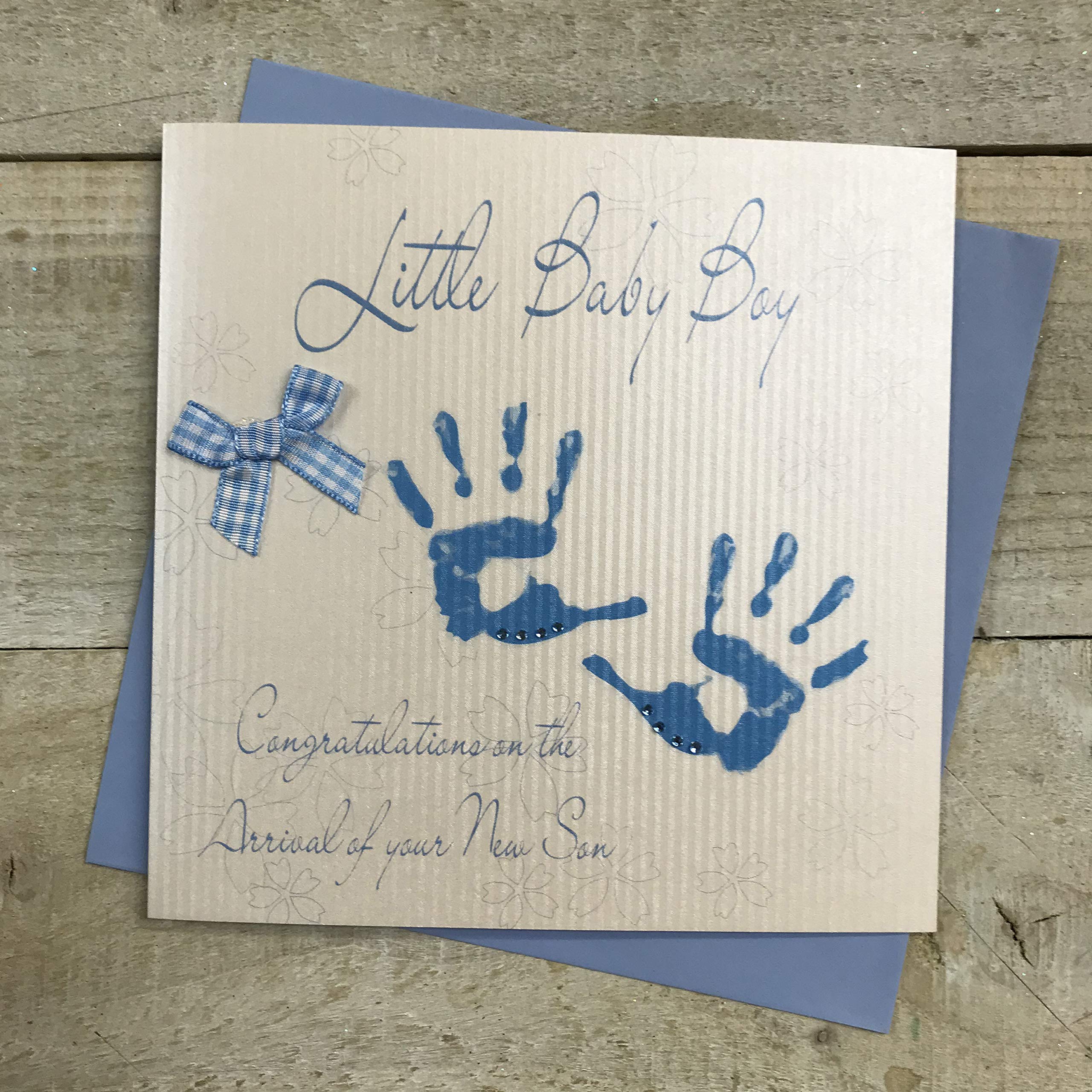 White Cotton Cards Blue Handprints Little Boy Congratulations On The Arrival of Your Son Handmade New Baby Card, BD229