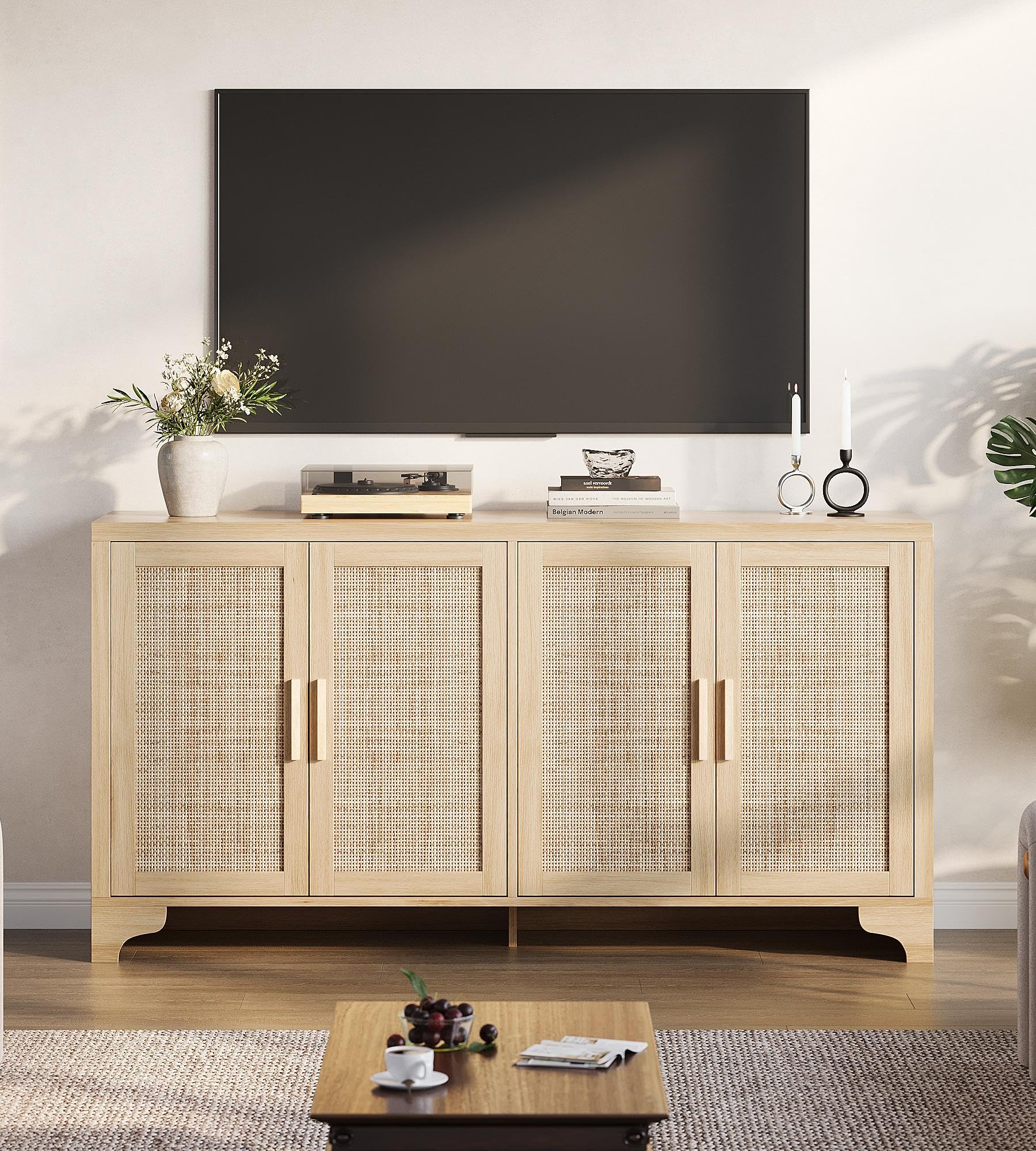 View 1 of ***Selling as Parts Only***897GAOMON TV Stand for TVs Up to 65'', Natural Rattan Entertainment Center with Storage Cabinets, Boho Media Console Table for Living Room, Farmhouse Cabinet