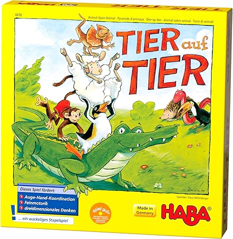 Haba 4478 - Tier auf Tier, Stapelspiel für 2-4 Spieler ab 4 Jahren, mit Tierfiguren aus Holz, auch spielbar als Solospiel