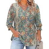 Rapbin Womens Plus Size Tops 3/4 Sleeve Blouses Shirts Casual V Neck Loose Tunic Tops 1X-5X