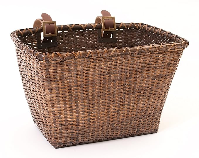 Retrospec Bicycles Cane Woven Rectangular Toto Basket with Authentic Leather Straps and Brass Buckles, Dark Stain