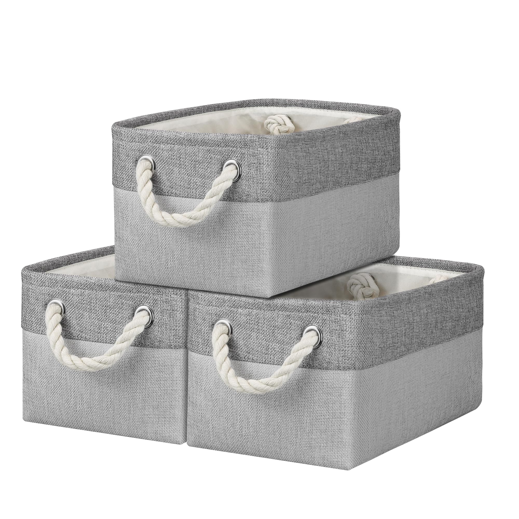 Small Storage Boxes for Shelves, Foldable Small Toy Storage Box with Handles, Canvas Storage Baskets for Socks Towels DVDs Books Makeup and Bathroom Toiletries (31x21x16cm/3 Pack, Grey&Light Grey)