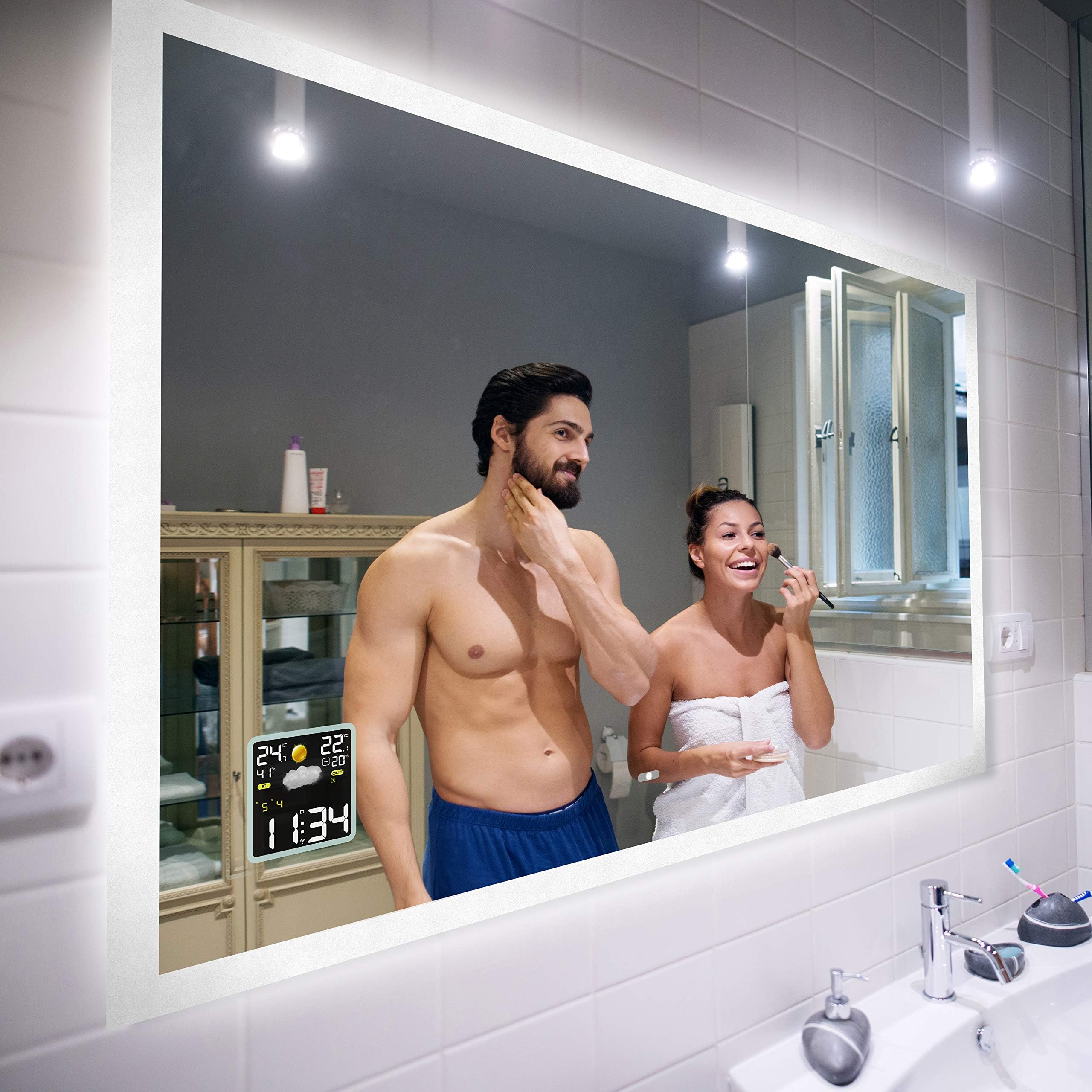 FORAM Modern Bathroom Mirror with LED light and Additional Features - Selection of Switches/Demister Heat Pad/Bluetooth Speaker - Wall Mounted Illuminated Mirror - Lighting Warm/Cold White L01 [Energy Class A++]