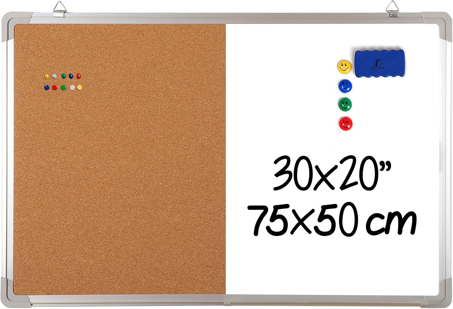 Whiteboard Bulletin Board Combination Set, 30x20 Dry Erase/Cork Board + 1 Magnetic Dry Wipe Eraser