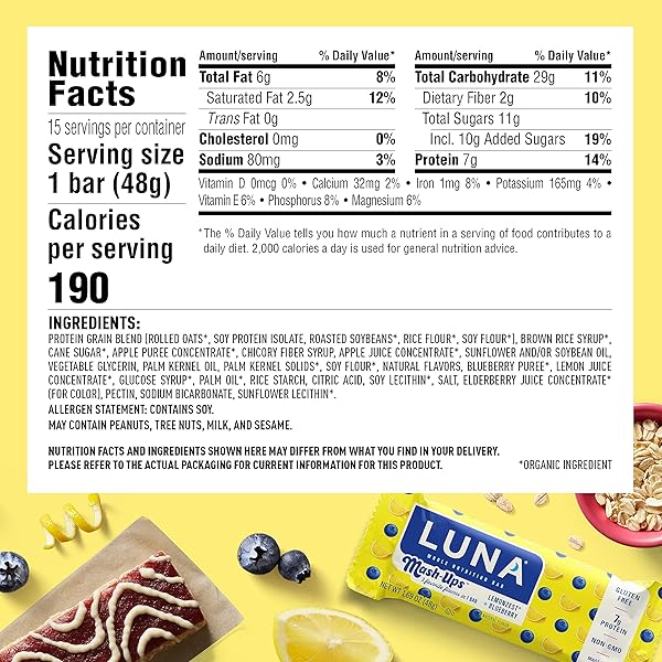 LUNA BAR – MASH-UPS LEMONZEST + BLUEBERRY FLAVOR – GLUTEN FREE SNACK BARS – NON-GMO – PROTEIN BARS – MADE WITH ORGANIC OATS (15 PACK)
