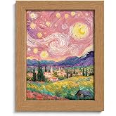 Framed Pink Starry Night Rural Impressionist landscape Canvas Wall Art | Vibrant Colors Landscape Decor Picture Romantic Countryside Mountain Field Poster Prints for Art Lover Room Home Decoration