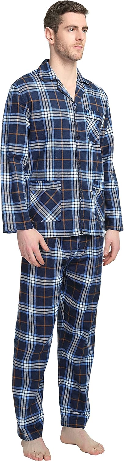 GLOBAL Mens Flannel Pajamas, 2-Piece Warm Pj Set at  Men’s Clothing store