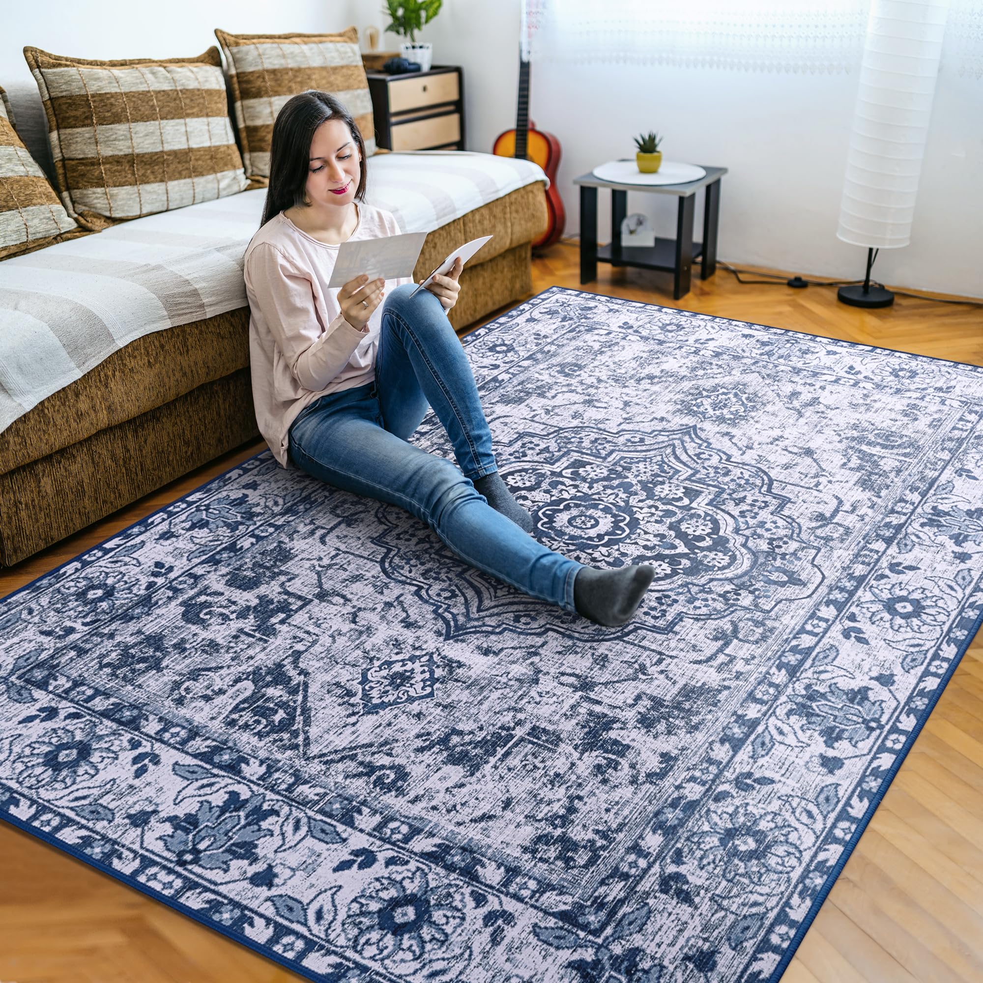 Photo 1 of ST. BRIDGE Soft Area Rug 4x6, Washable Vintage Rug for Bedroom Living Room, Non-Slip Low Pile Colorful Accent Rug, Indoor Floor Carpet for Dining Room Office Playroom Nursery Home Decor, Blue/White