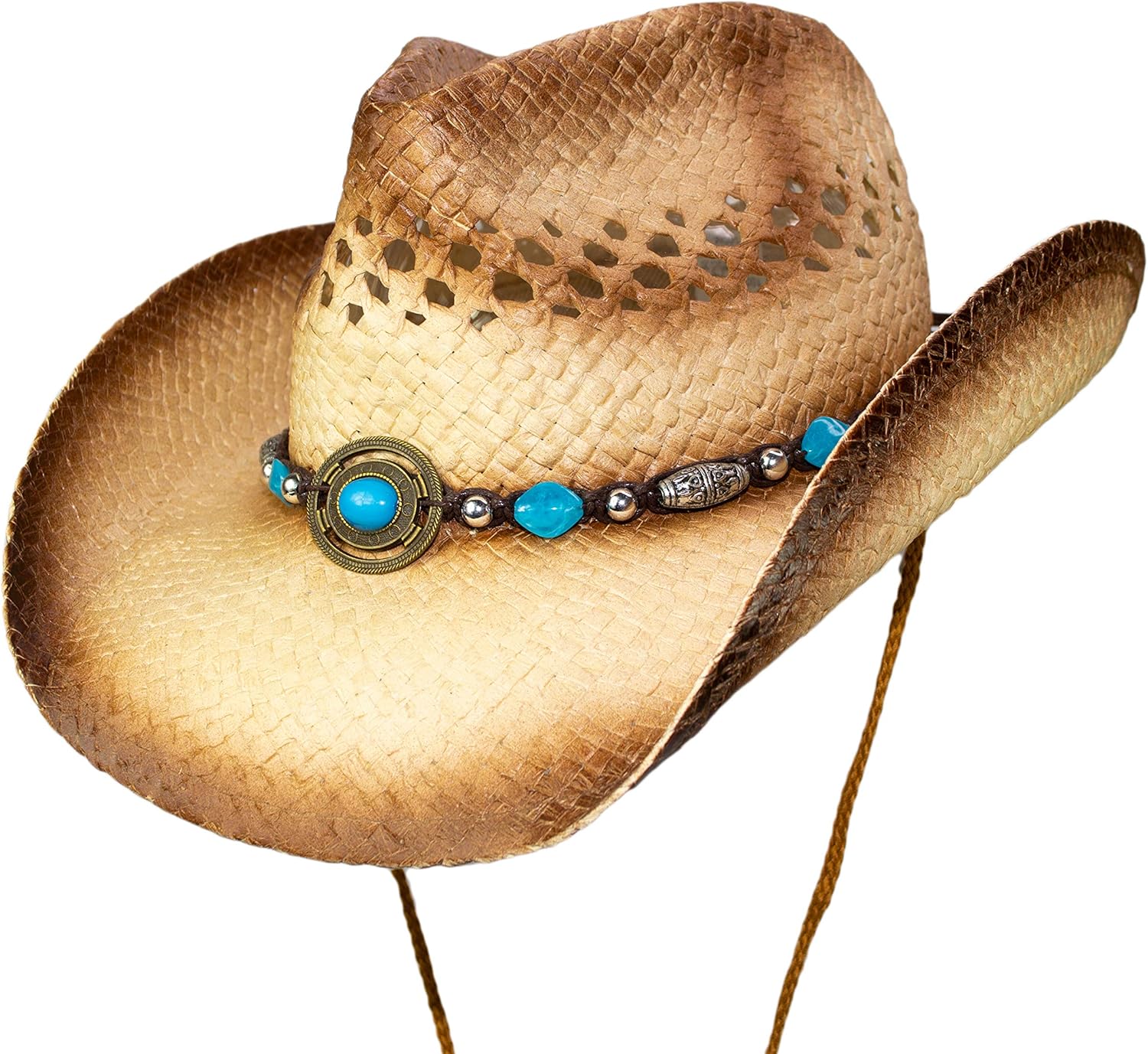 Womens Rodeo Ombre Cowboy Hat with Drawstring, Cute Straw Cowgirl Hat