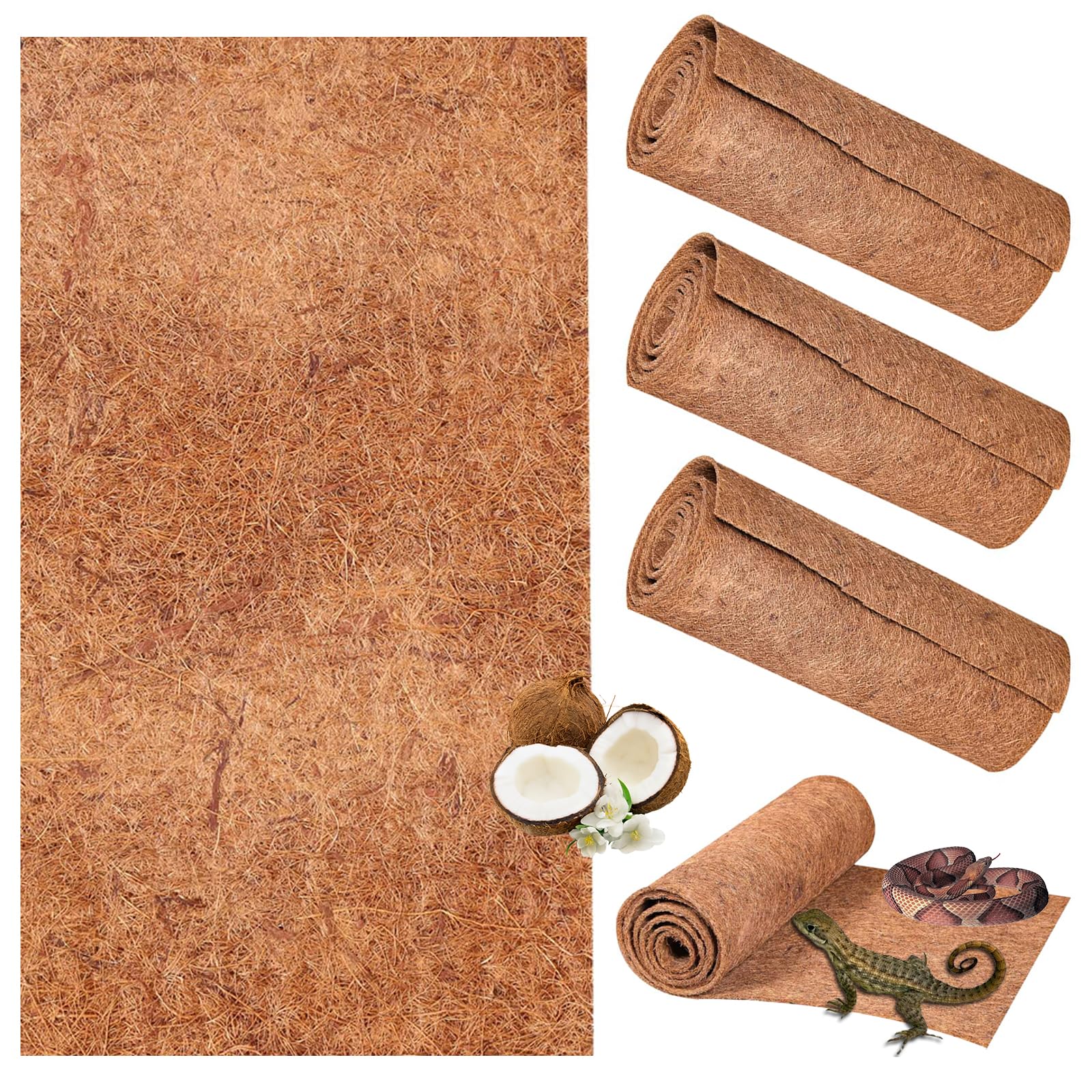 3 Rolls Reptile-Terrarium-Substrate Tortoise Bedding & Reptile Carpet Coconut Fiber - Natural Terrarium Liner Bedding for Bearded Dragon, Leopard Gecko, Iguana, Lizard, Snake, Turtle（50 * 30cm）
