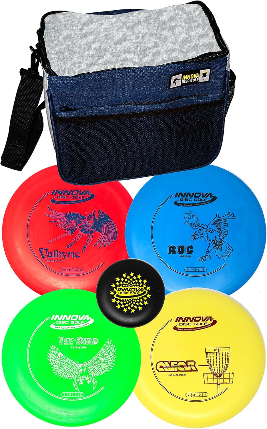 Innova Disc Golf Set with 4 Discs and Starter Disc Golf Bag – DX Distance Driver, Fairway Driver, Mid-Range, Putter and Mini Marker Disc