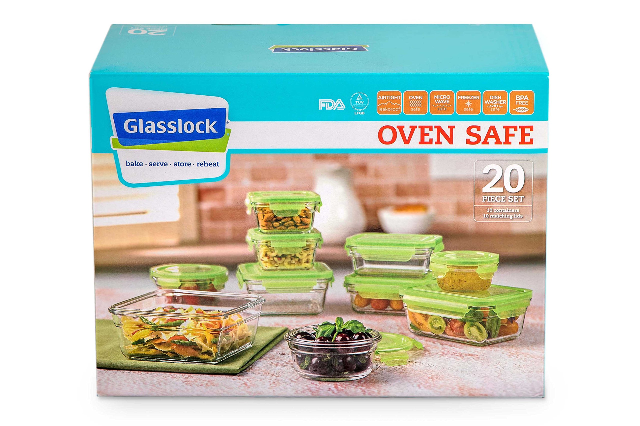 Tempered Glasslock Storage Containers 20pc set Green Lids Microwave