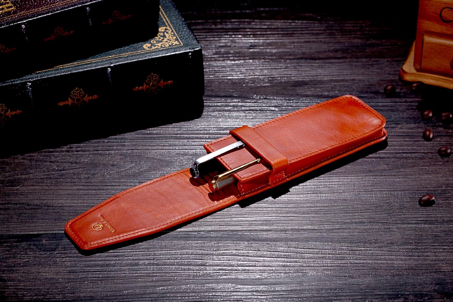 Cronus & Rhea - Pencil Case Made of Leather (Basilisk) - Pen Holder Folder Roller - with Gift Box - Men Women (Cognac) - Image 3