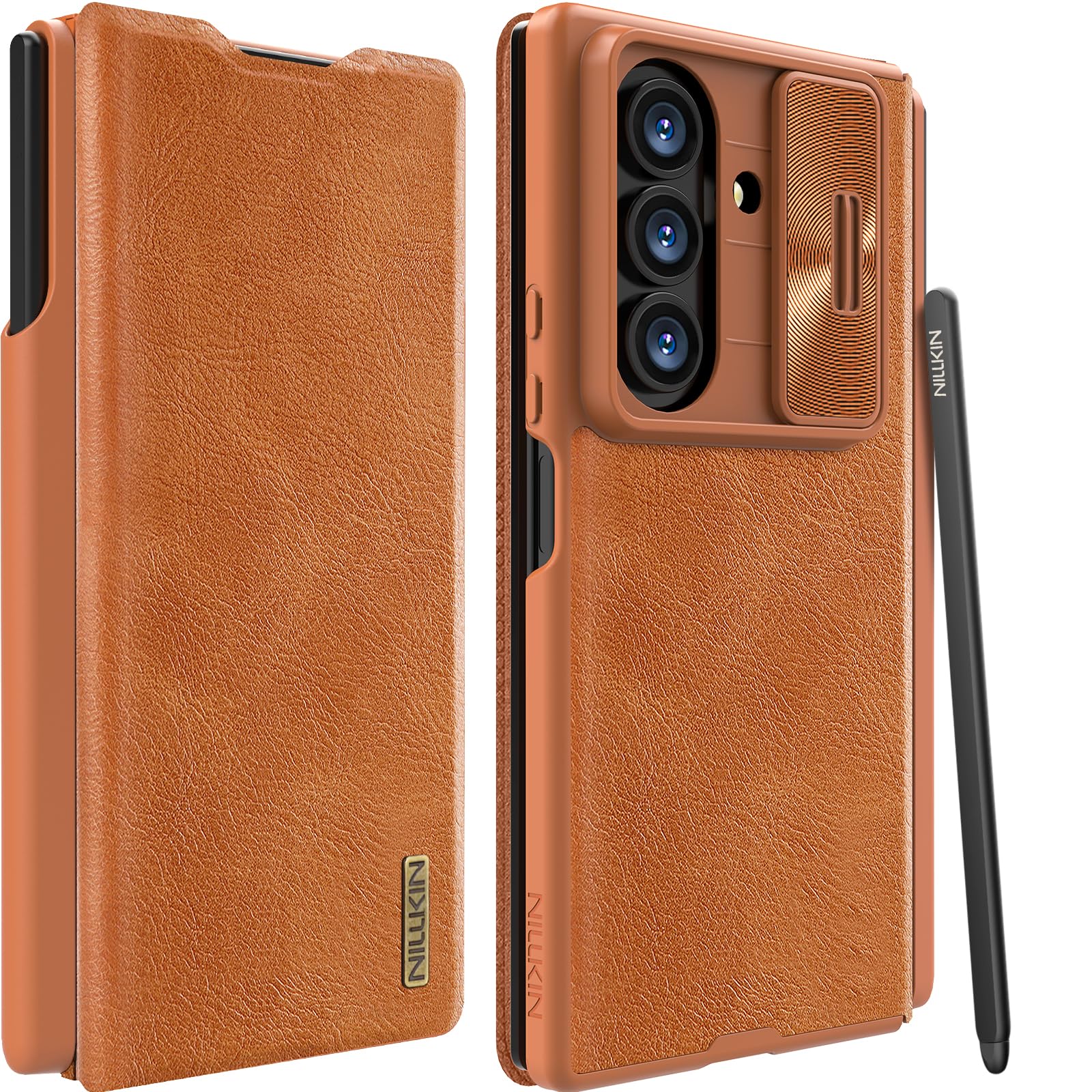 Photo 1 of Nillkin for Samsung Galaxy Z Fold 7 Wallet Case with S Pen Holder & Stylus, [Slide Camera Cover][Hinge Protection] Premium Leather Shockproof Slim Cover Flip Phone Case for Galaxy Z Fold 7 Brown