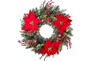 CHRISXIAO Christmas Wreath, 24 Inch Artificial Christmas Wreath for Front Door, Decorated with Holly Berries, podocarpus, Bells, Cypress Leaves, Christmas Flowers for Indoor and Outdoor Christmas Decoration