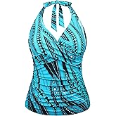 Hilor Women's Underwire Tankini Tops Ruched Tummy Control Bathing Suit Tops Plunge Halter V Neck Swimsuit Twist Swim Top Only