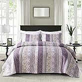 Sunshine Nicole Soft Brushed Microfiber Comforter Set, 7 Pieces Queen, with Light Weight Soft Poly Fill, Printed Purple Grey Florals Face with Light Grey Reverse