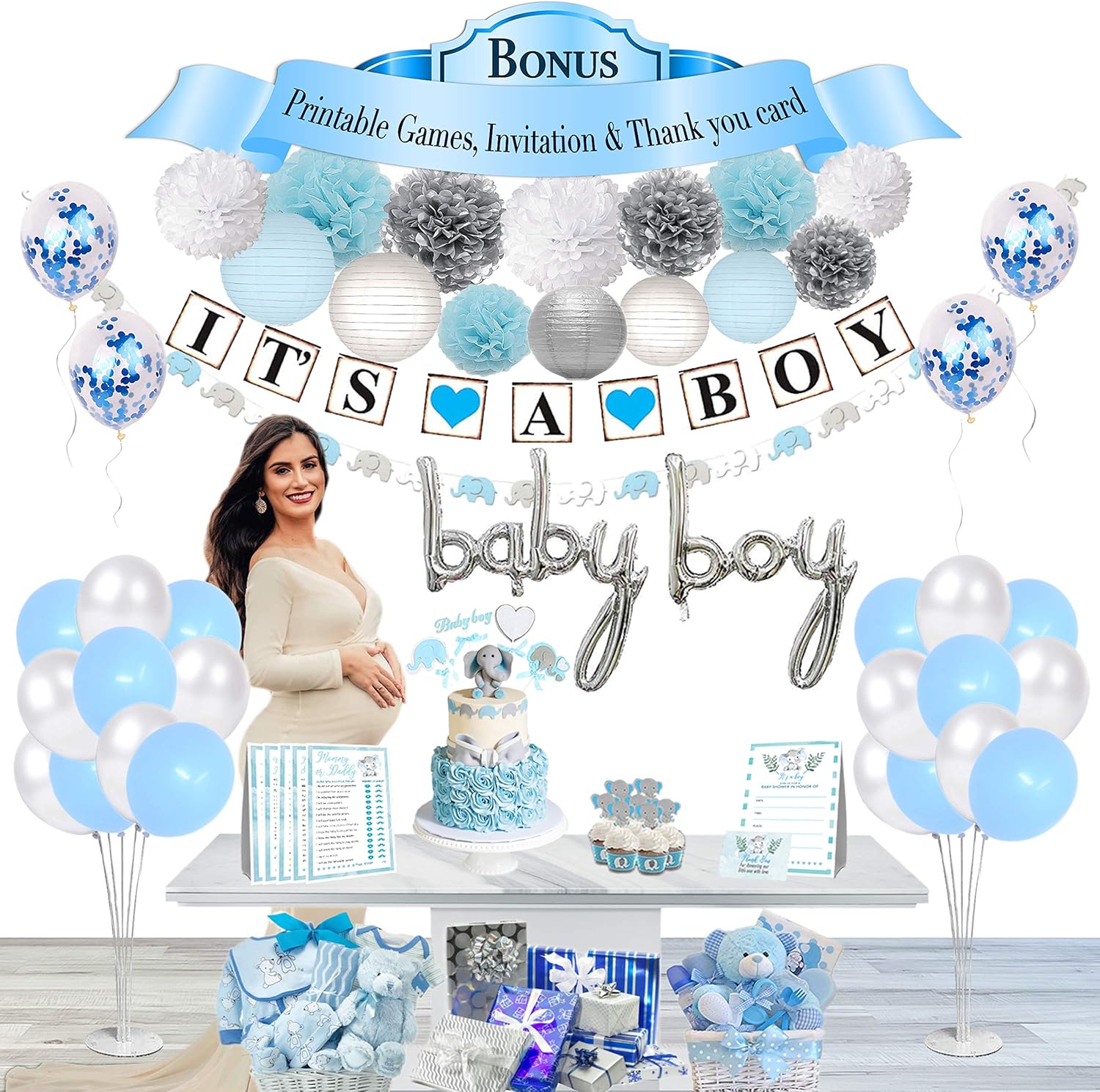 Blue Baby Shower Decorations for Boys, Banner Decor, Flower Pom Poms, Paper Lanterns, Cake Toppers, Elephant Garland, Latex and Foil Confetti Balloons, Air Pump + Printable Games, Thank you Card and Invitation Card