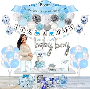 Blue Baby Shower Decorations for Boys, Banner Decor, Flower Pom Poms, Paper Lanterns, Cake Toppers, Elephant Garland, Latex and Foil Confetti Balloons, Air Pump + Printable Games, Thank you Card and Invitation Card