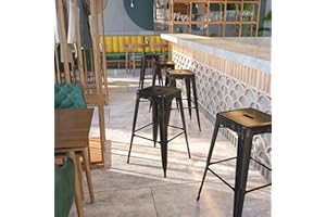 EMMA + OLIVER Commercial Grade 30" H Backless Black-Gold Metal Indoor-Outdoor Barstool, Square