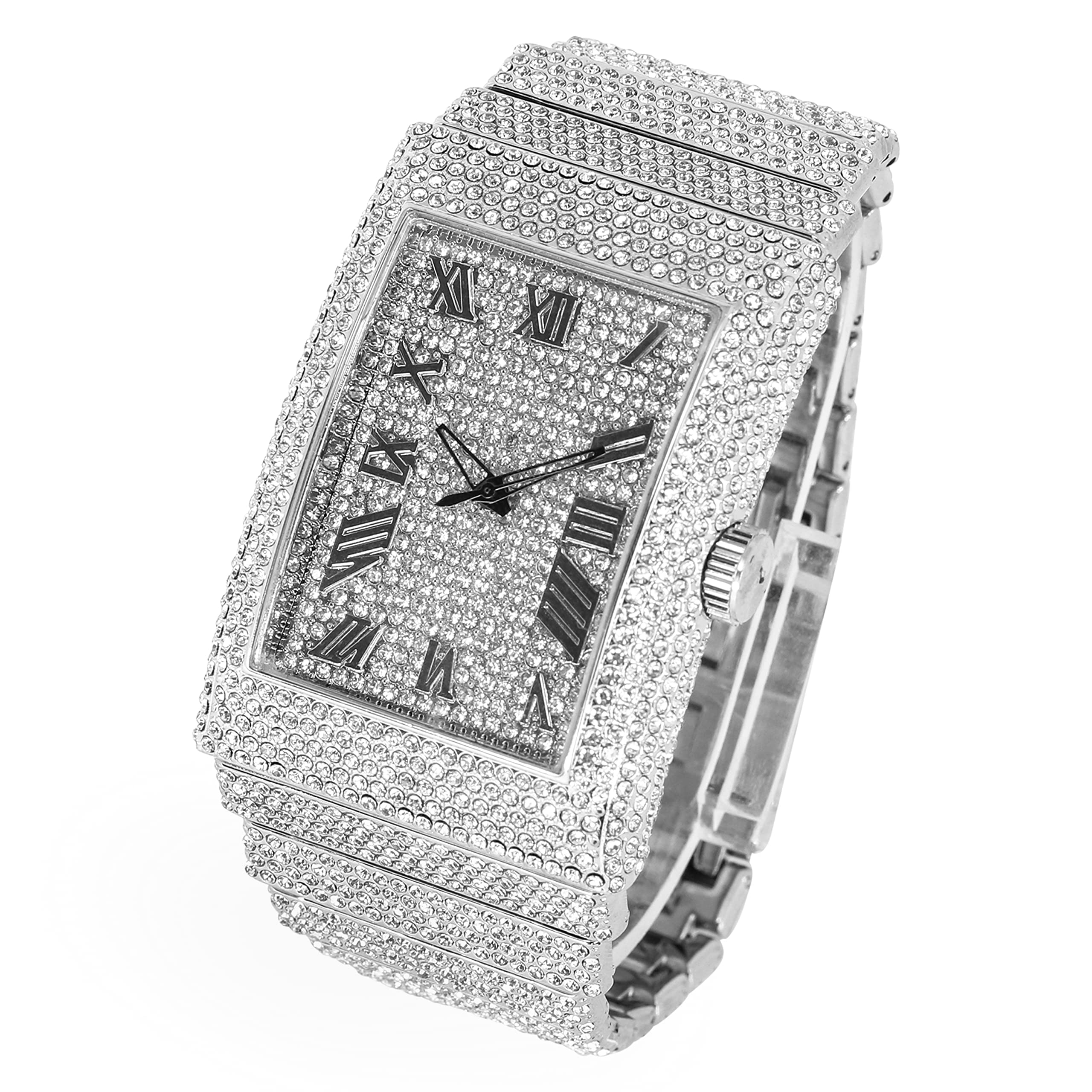 Men's Iced Diamond Watch with Stunning Crystals,Bling-ed Dial with Roman Hour Indicators,Rectangle Case,Fully Adjustable Metal Band,14k Gold Tone & Silver Tone Finish, SILVER, mens-standard, Casual
