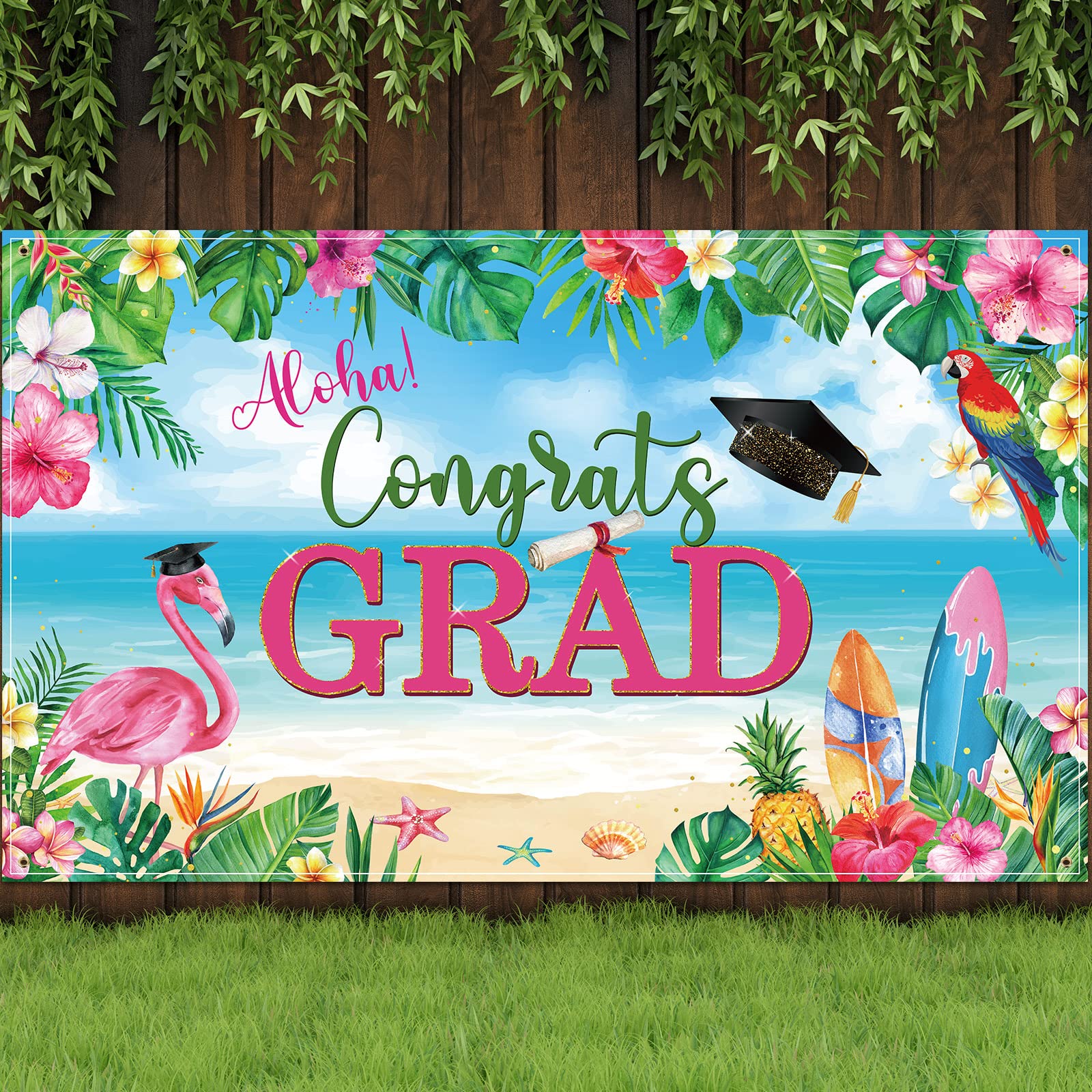 Photo 1 of Mixweer Graduation Party Backdrop Aloha Congrats Grad Background Tropical Graduation Backdrop Banner Flamingo Class of 2025 Background Decor for Summer Aloha Grad Party Decor Supplies, 73 x 43.3 Inch