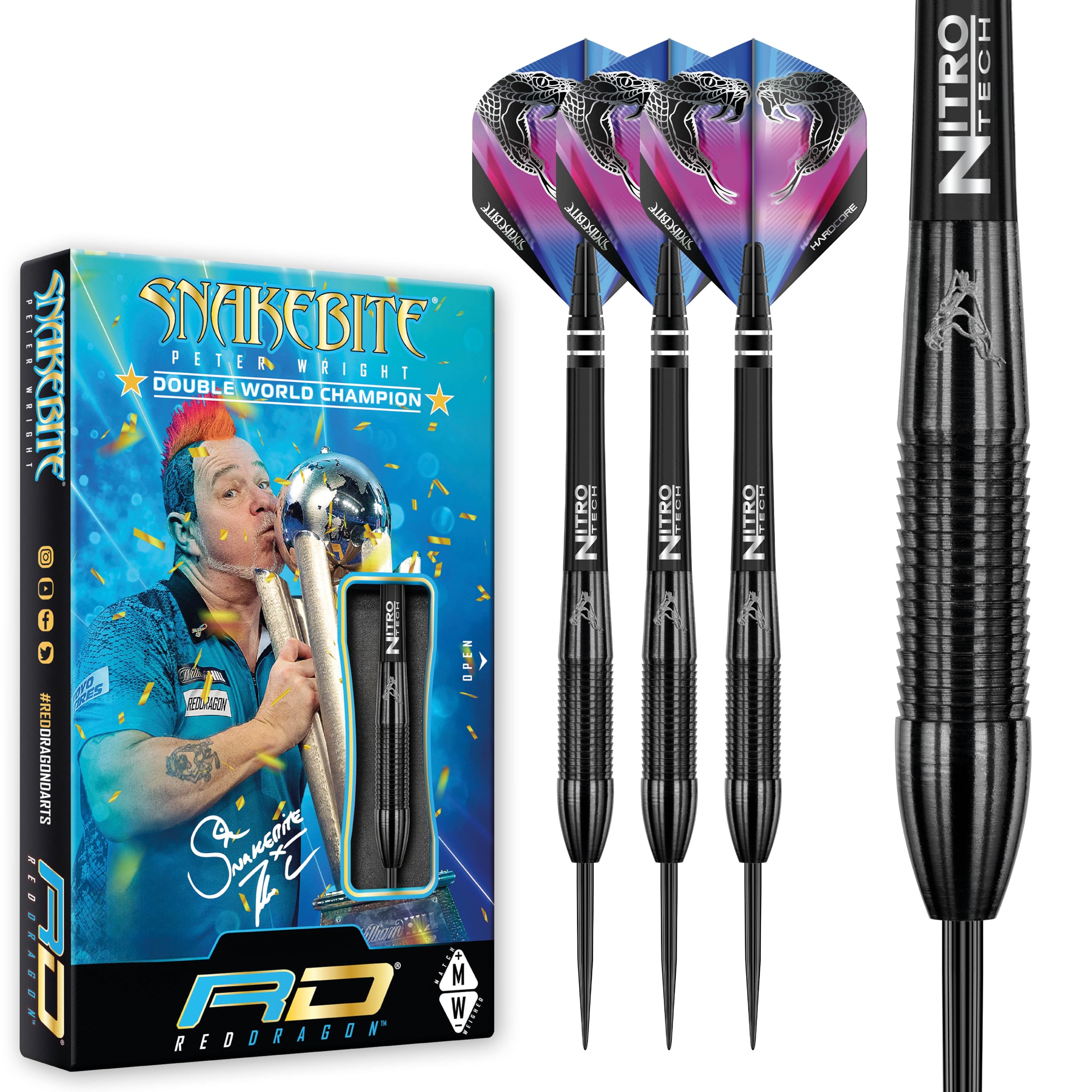 RED DRAGON Peter Wright Snakebite 3: 26g Tungsten Darts Set with Flights and Stems