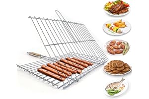 Hakan Grill Basket 11.8 x 15.8-inch for Outdoor Grill, Barbecue Basket for Fish, Steak, Chicken, Vegetables, Shish Kabob and Shrimp, Large Lockable Basket with Wooden Handle, Stainless Steel, BBQ