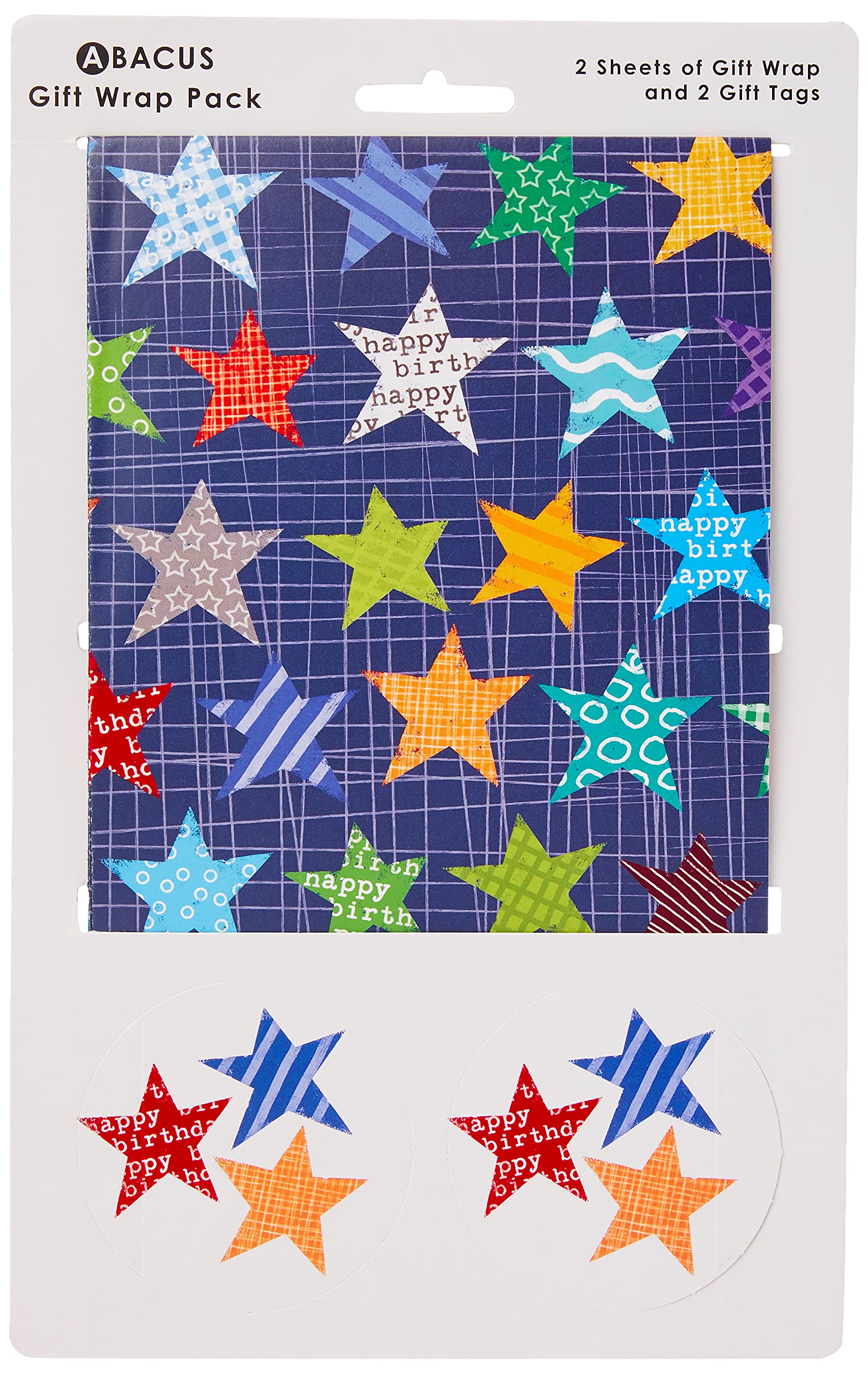 Abacus Cards 03465A "Star Repeat" Gift Wrap Pack with 2 Sheets & 2 Tags, Plastic Free & FULLY RECYCLABLE, multicoloured