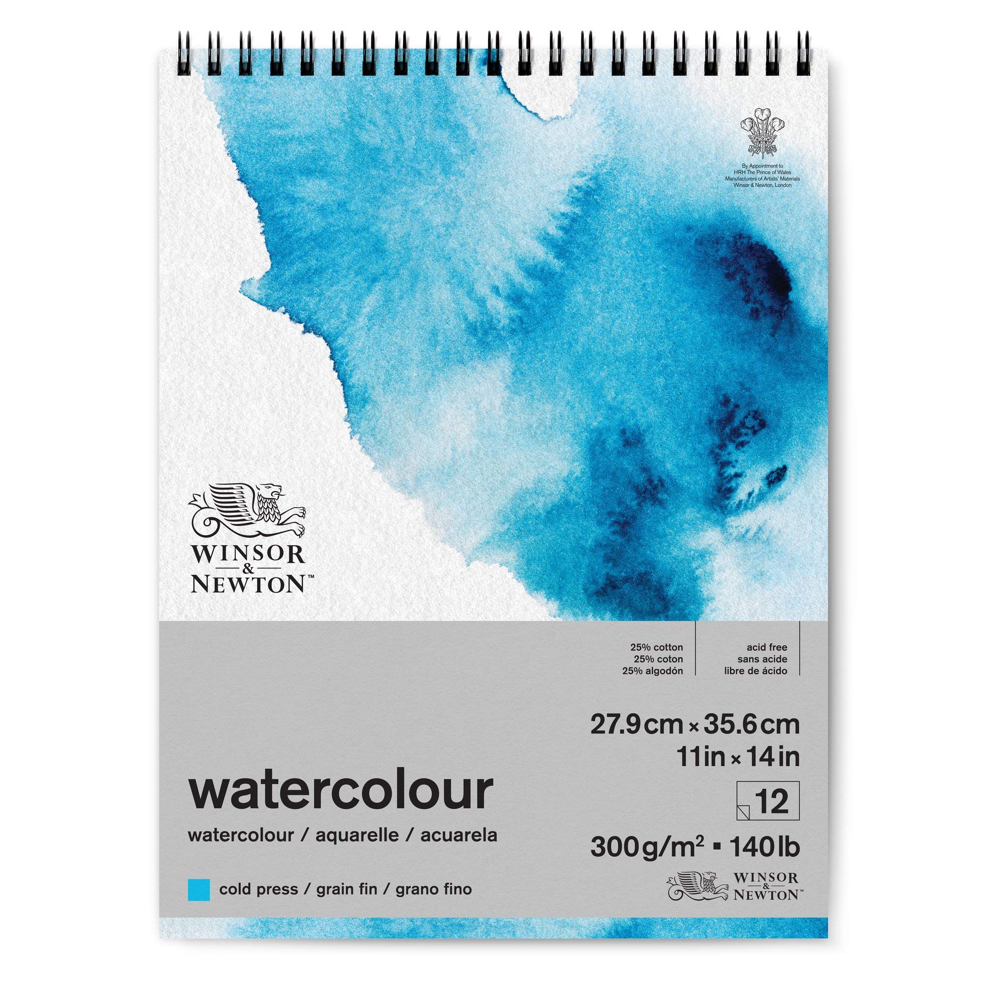 Winsor and Newton Watercolour Paper Pad, 27.9 x 35.6 cm, 12 Sheets, 300 g/m, Spiral Bound, Cold Pressed, Acid , Mixture of 25 Percent Cotton and Cellulose Fibres, Natural White