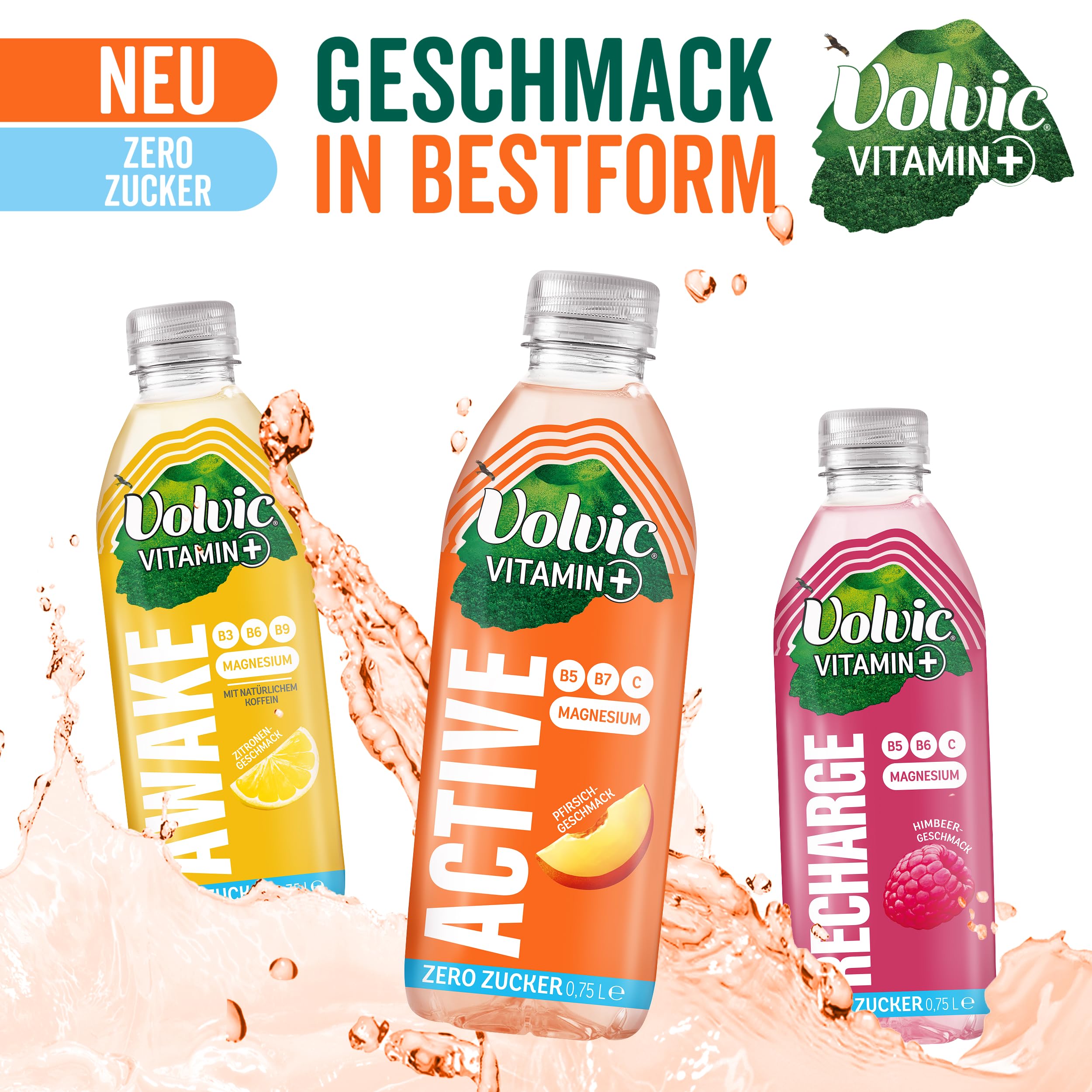 Volvic Vitamin+ Active Pfirsich – Erfrischungsgetränk mit Koffein, Magnesium und Vitaminen – Ohne Zucker und ohne Kalorien – 6 x 0,75 l 6