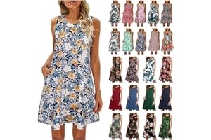 MINZYI Dresses for Women 2023 Summer Fashion Sleeveless Floral Tshirt Sundress Beach Cover Up Boho Tank Dress with Pocket