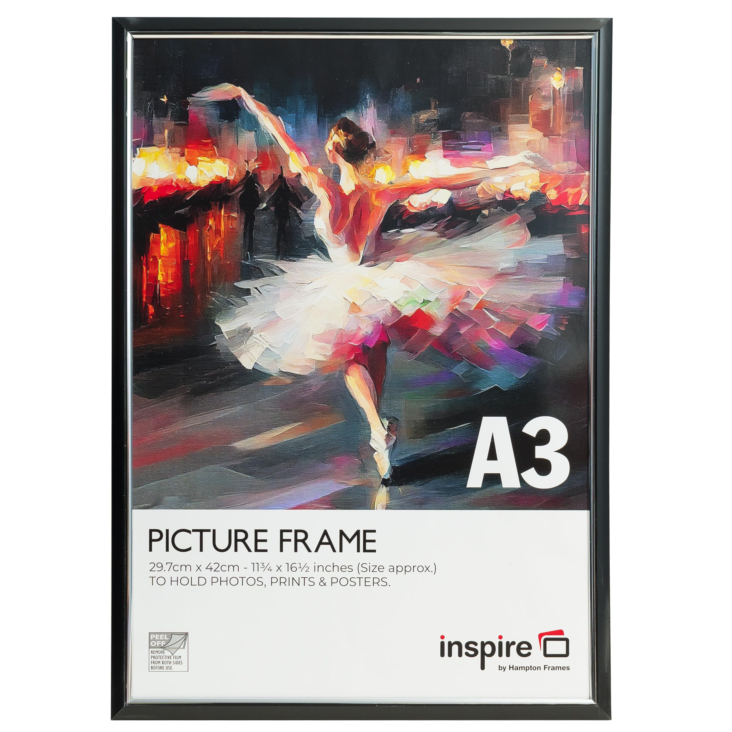 inspire by Hampton Frames | Picture Poster Frame | A3 (30x42cm), Black, Plastic, Foil Wrapped | Acrylic Non-Glass Front, Drop-In Back, Wall Mount | For Photographs, Certificates, Art Display