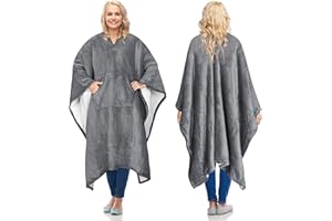 Catalonia Sherpa Wearable Poncho for Adult Women Men, Wrap Blanket Cape with Pocket, Warm, Soft, Cozy, Snuggly, Comfort Gift, No Sleeves, Grey